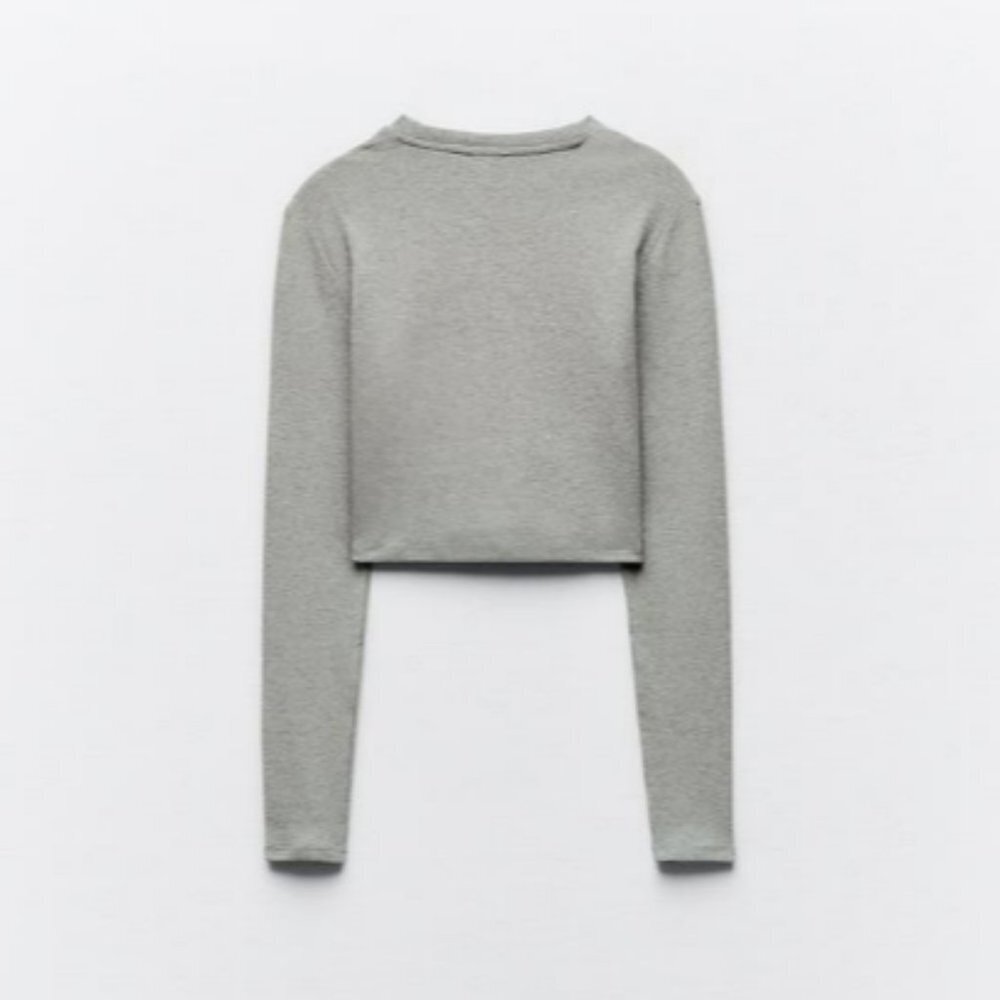 Zara | Cotton Trafaluc Cropped Long Sleeve Cotton Shirt | Heather Gray | Size M‌ - Picture 2 of 6